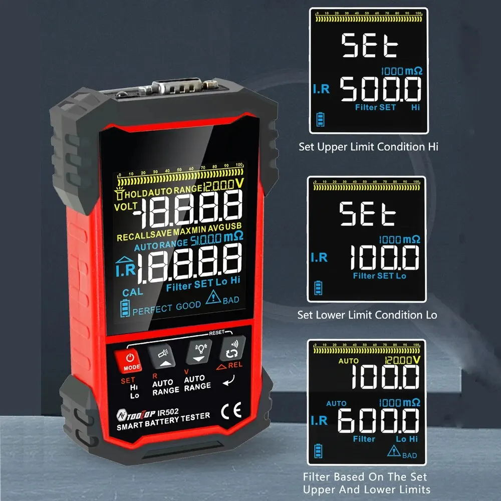 TOOLTOP IR502 ±120V 500Ω Battery Internal Resistance Tester 4-Wire Kelvin Test Lead-acid Lithium Nickel-cadmium Batteries Tool