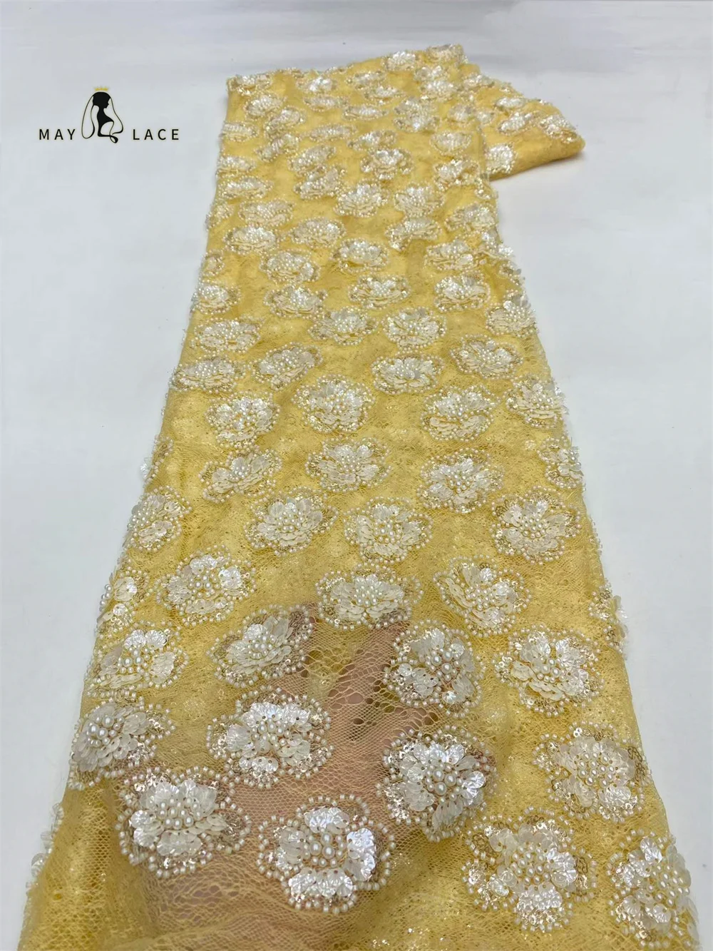

Latest African Beaded Lace Fabric 2026 High-Quality Nigerian French Sequins Lace Tulle Fabrics for Women's Evening Wedding Dress