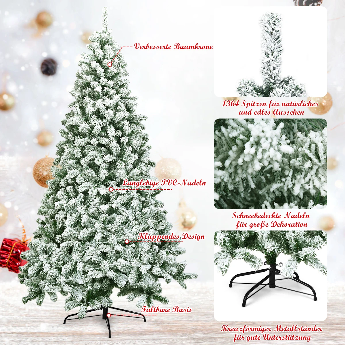 180/225cm Artificial Christmas Tree with Snow, Fir Tree with Metal Stand, Christmas Tree 928/1346 Lace PVC Folding System