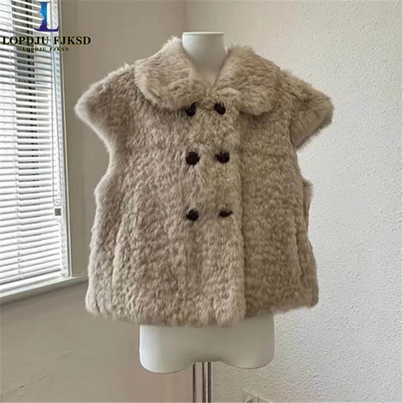 Women's Double-Breasted Fur Camisole Sleeveless Top Solid Color European American Style for Autumn Winter