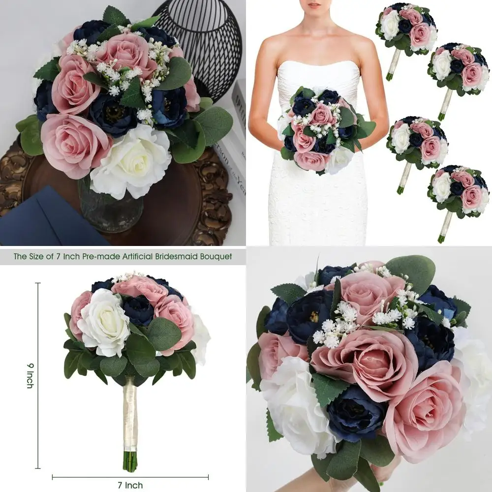 

Набор из 4 предметов: 11 искусственных букетов для подружек невесты пыльно-розового и темно-синего цвета для свадеб и душевых вечеров