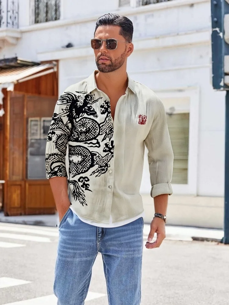 

Men's Ancient Dragon Lino Art Blend Shirt Chinese Style Daily Wear Casual Loose Long Sleeve Lapel Neck Buttons Office Spring Top