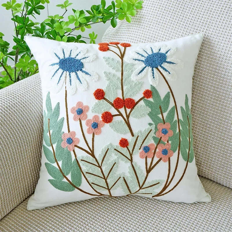 45X45CM Green Fresh Tulip Throw Pillow Cover  Flower EmbroideredStamping Waist Cushion Cover Decor Home Decorative Pillowcase