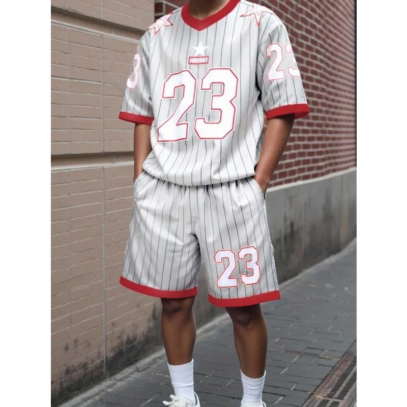 

Men's 23 Number Striped Jersey Set Short Sleeve Shirt and Matching Shorts Sports Inspired Outfit Comfortable Casual Wear