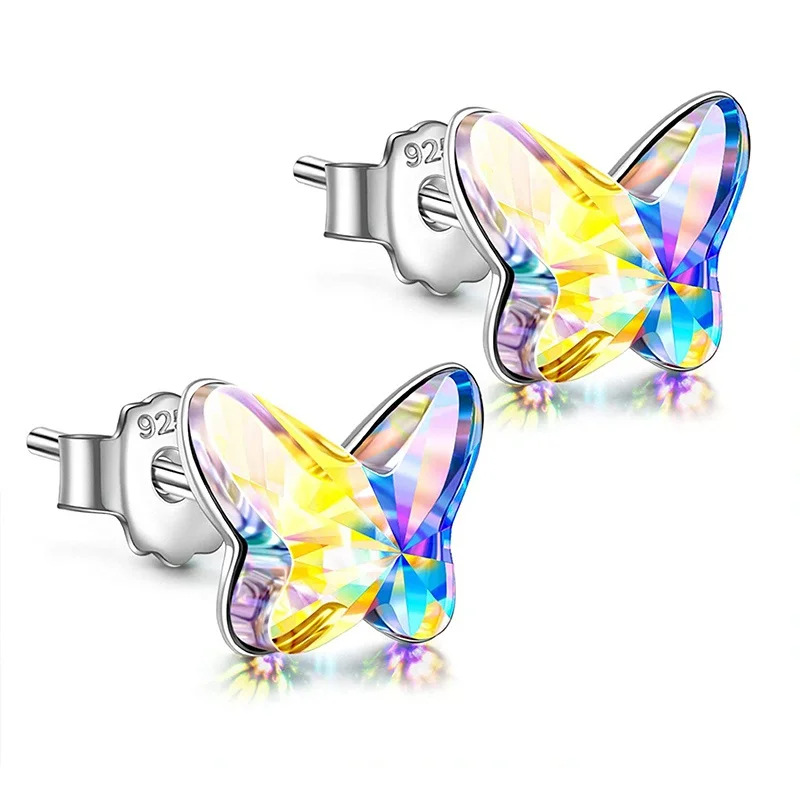 Simple Rainbow Butterfly Stud Earrings Exquisite Fashion Crystals Earring Jewelry Mothers Day Birthday Gifts