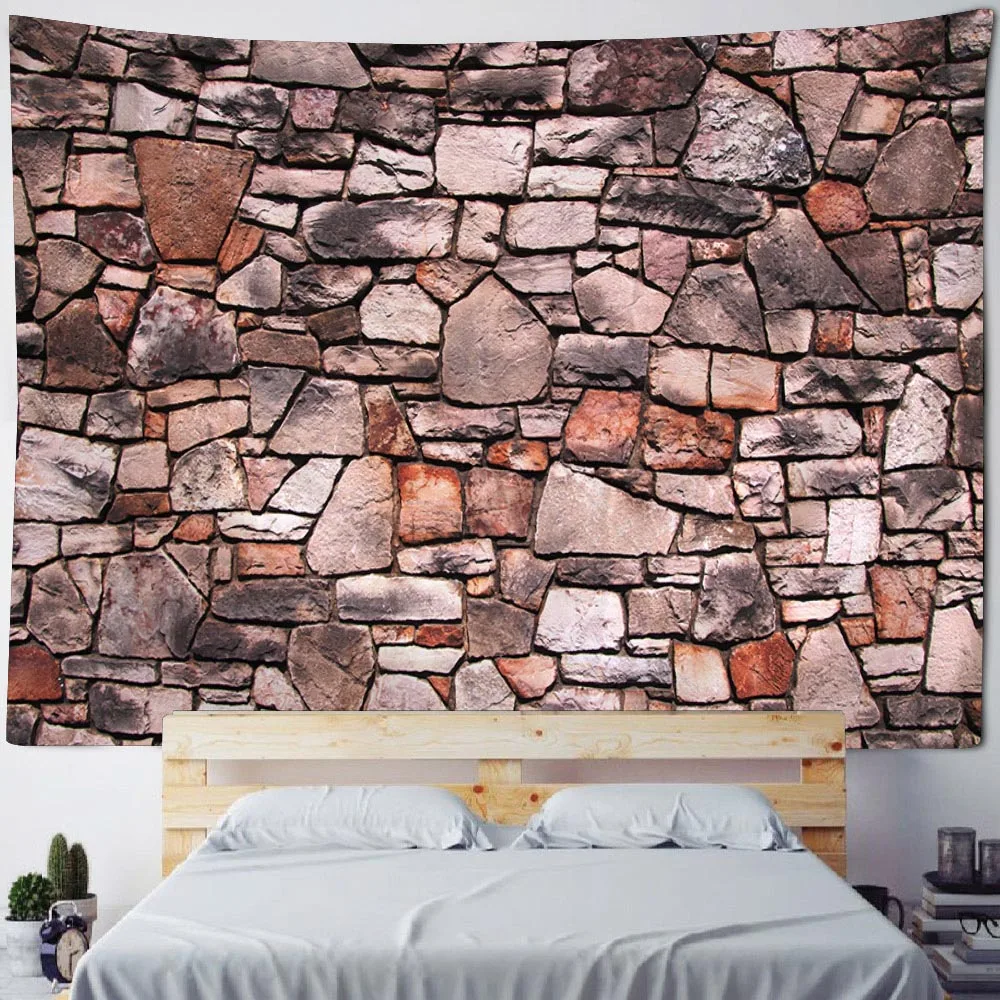 Tapeçaria de parede de pedra com impressão 3d, vintage, tijolo de madeira, pano de suspensão, boêmio, psicótico, hippie, fundo, decoração de casa