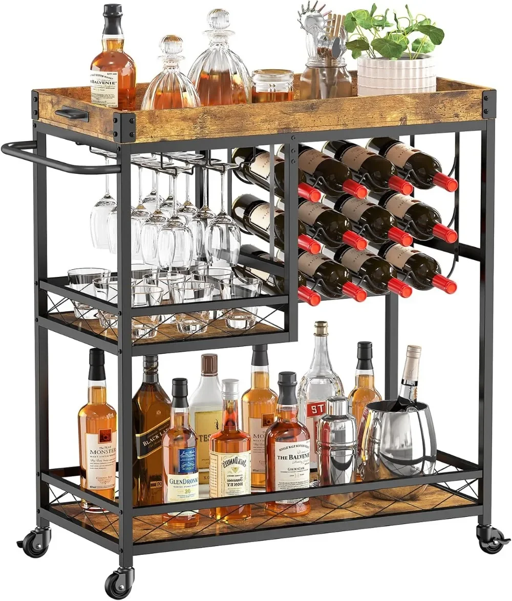 Bar Cart, 3 Tier Drink Cart with 12 Wine Bottle Racks,for Kitchen Dining Livingroom, Removable Top Tray, Rustic Brown