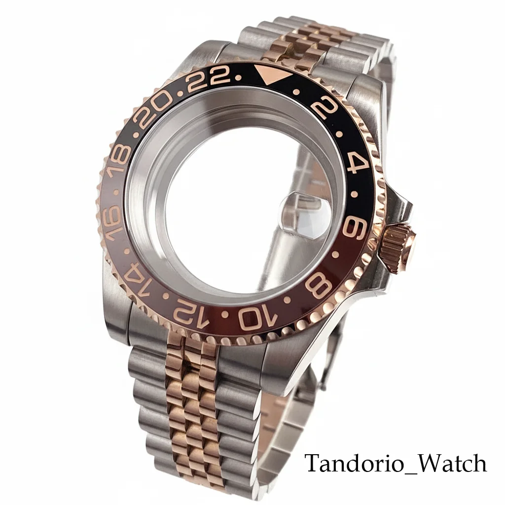 Tandorio 40MM Two Tone Rose Gold Men Watch Case For NH34 NH35 ETA 2824 PT5000 Miyota 8215 Sapphire Glass Diver Case Slide Buckle