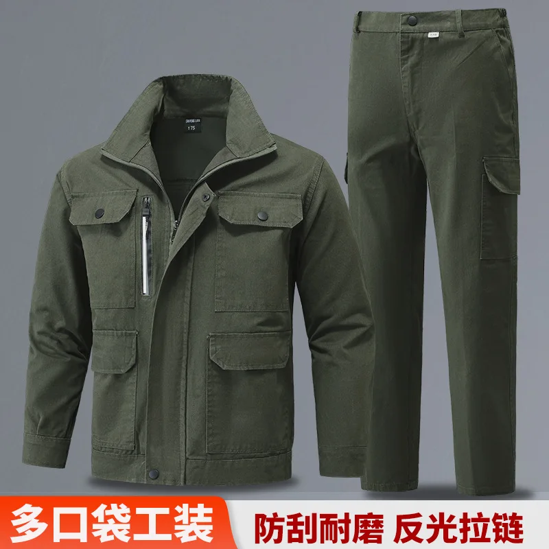 

Spring and autumn thickened work clothes set, male welder anti-scalding, wear-resistant andtraining camouflage clothes