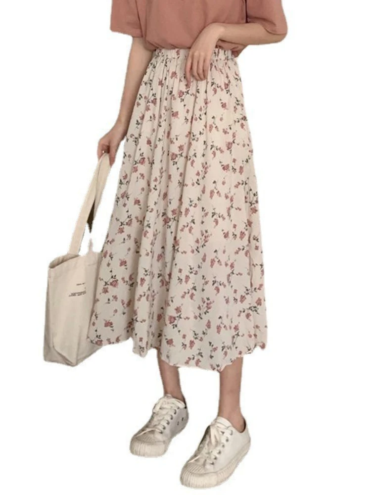 Saia com estampa floral em linha A para mulheres, vestido longo emagrecedor, estilo fada, saias doces frescas, nova moda de verão 2024