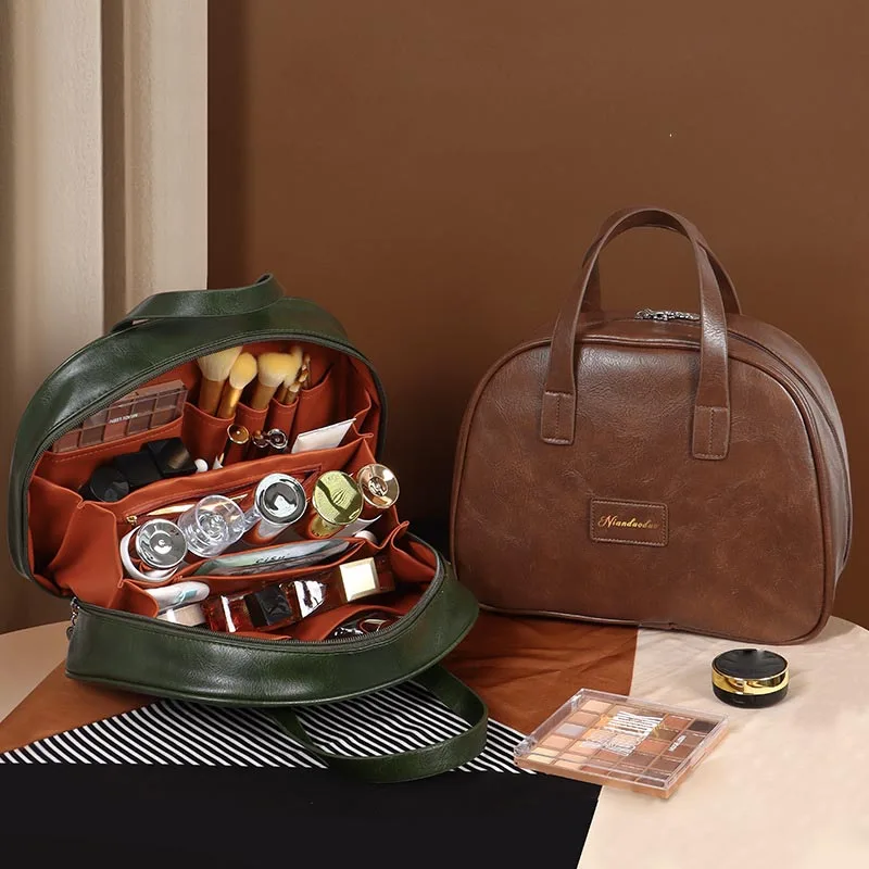 Retro Oil Wax Leather Cosmetic Bag High-End Waterproof Beauty Bags Large Capacity Multi-Compartment Travel Makeup Handbags