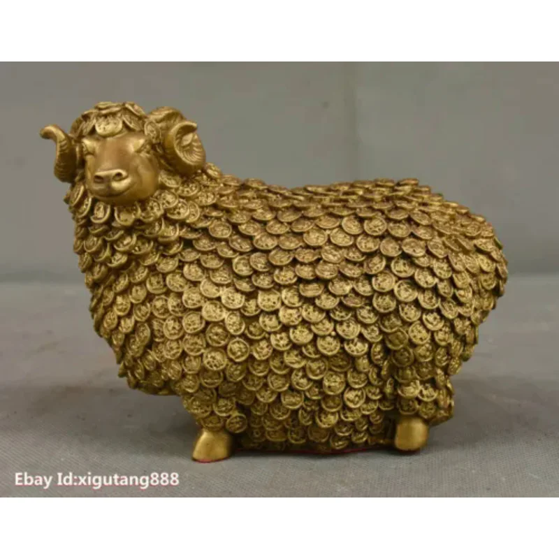 

6" China Folk Brass Fengshui 12 Zodiac Year Sheep Goat animal wealth Coin Statue