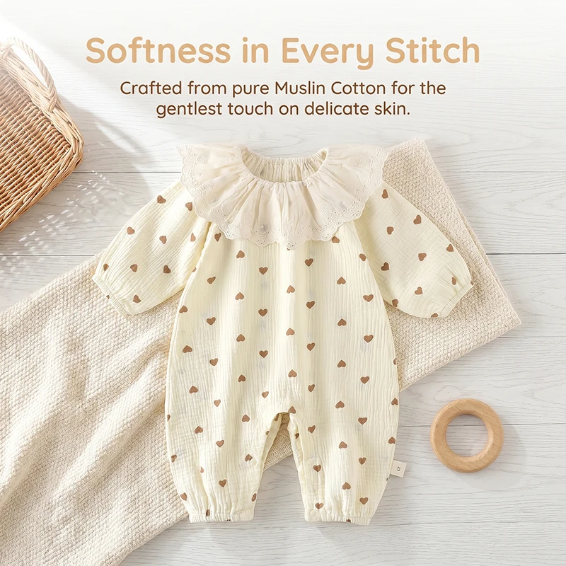 Newborn Baby Girls Sweet Heart Print Jumpsuit Infant Clothes Doll Collar Lace Romper Cotton Daily Photoshoot Bodysuit
