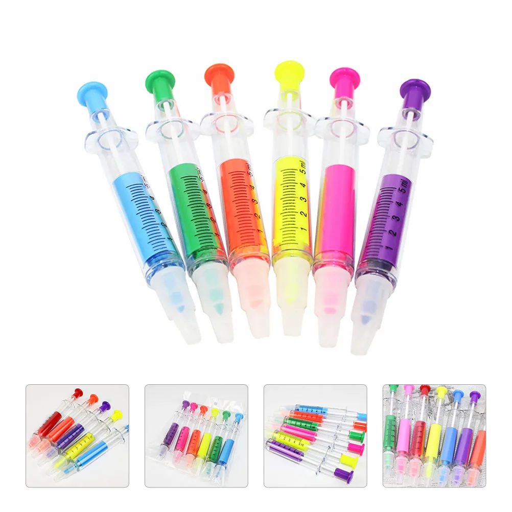 

6pcs Dual Purpose Syringe Highlighters Broad Tip Colorful Abs Students Stationery School Teachers Supplies Writing Tools