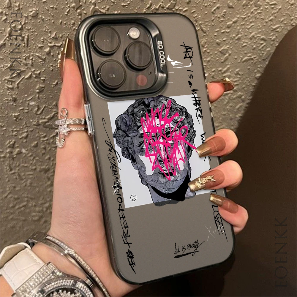 Graffiti Great Art Aesthetic David Mona Lisa Electroplate Silver IMD Case For iPhone 15 14 13 12 11 16 Pro Max XS 7 8 Plus Cover