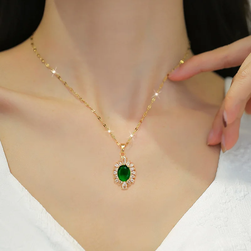 DIEYURO 316L Stainless Steel Green Crystal Flowers Charm Necklace Earrings For Women Girl New Trendy Jewelry Set Gift Party