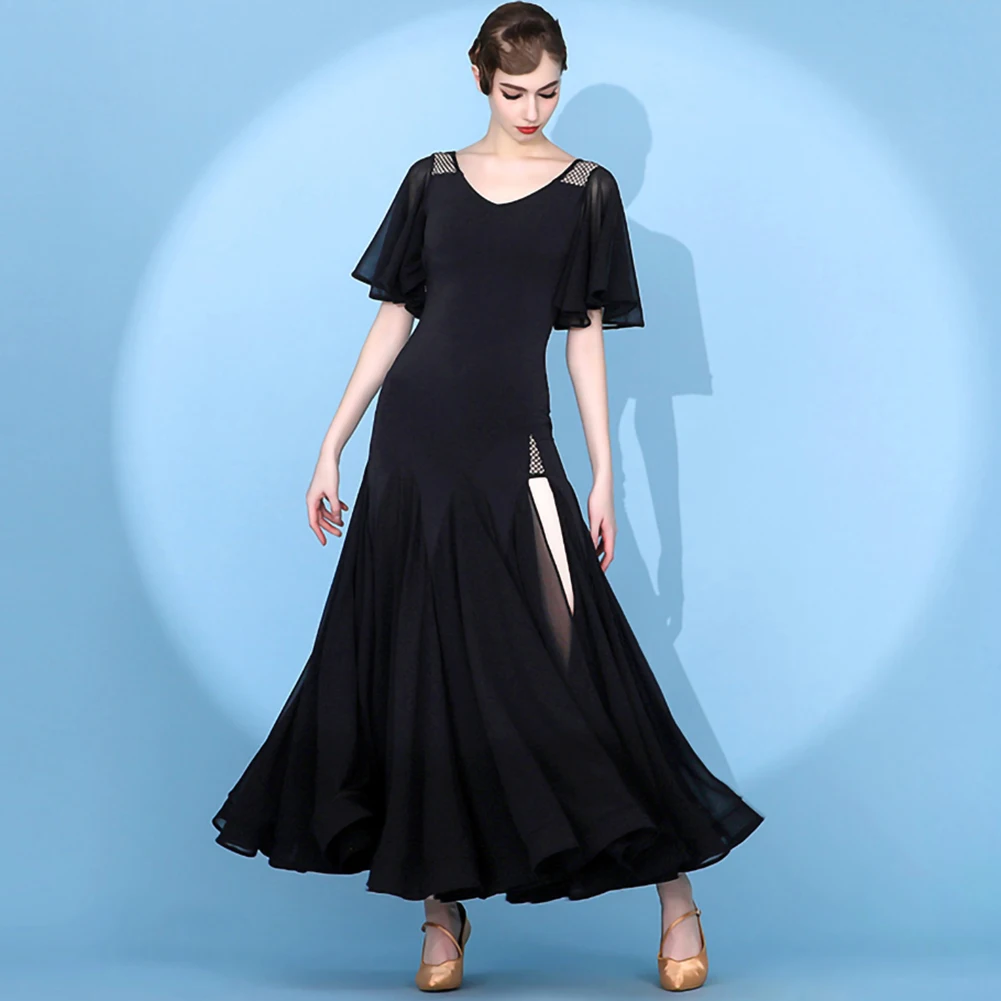 Vestido largo negro con cuello en V, vestido de competición estándar, vestido de Flamenco de gasa sin espalda, vestido de práctica de baile de salón