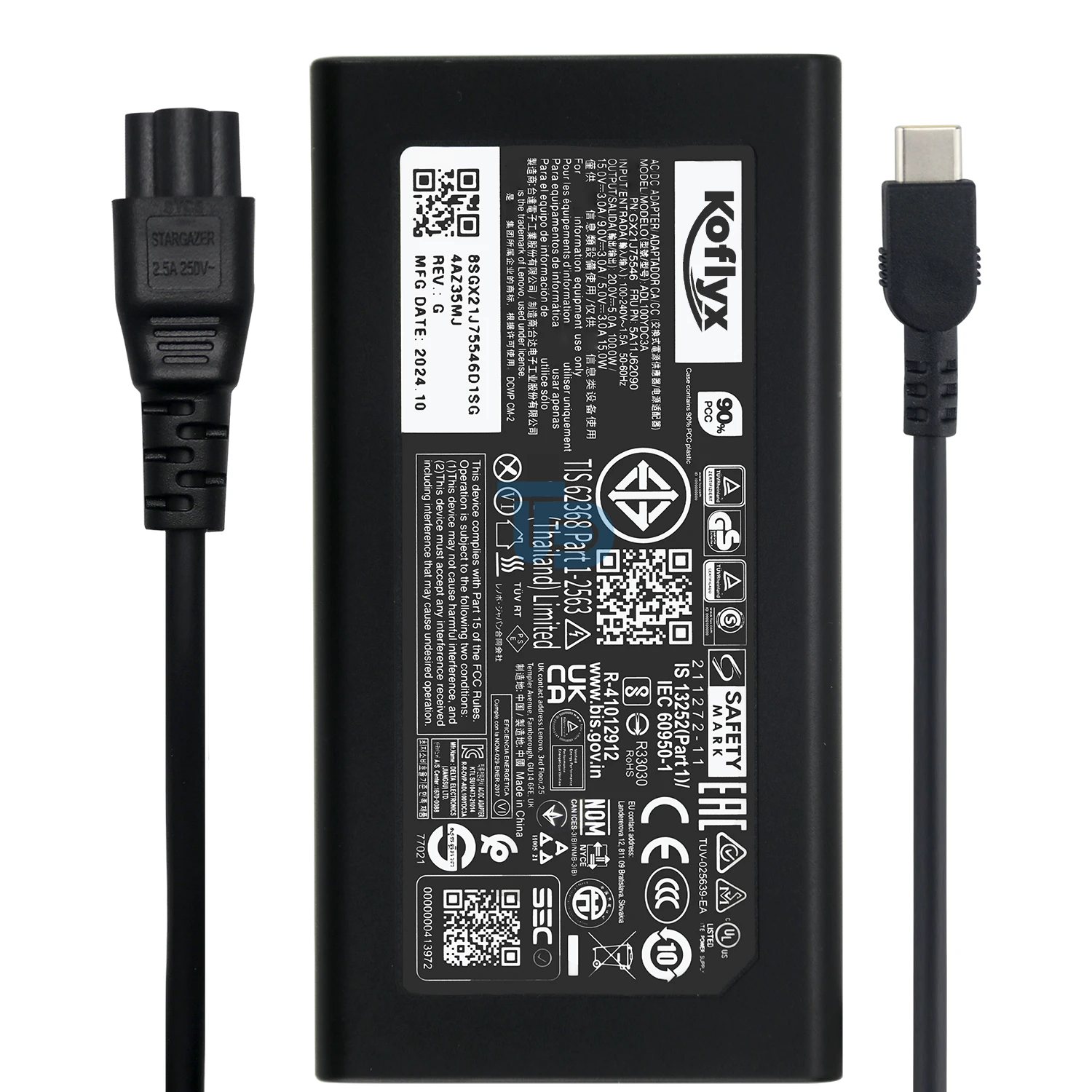 

Koflyx Adapter charger 20V 5A 100W TYPE-C USB-C for lenovo ThinkBook 14 G7 IML/16 G7 IML IdeaPad 5 Pro 16lAH7 Yoga Pro 7 14IRH8