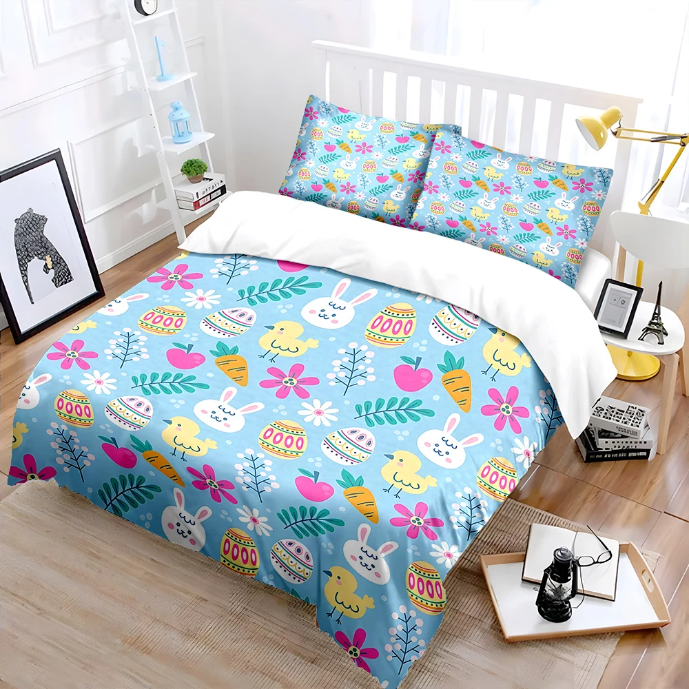 Cute Easter Element Pattern Bedding Set for Kids Luxury Gift 3pcs Digital Print Comforter Set Soft Comfortable Breathable