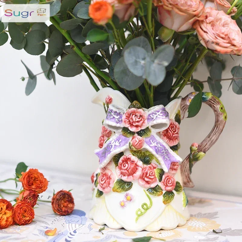

Ceramic rose vase water jar ornament wedding gift living room handmade underglaze color