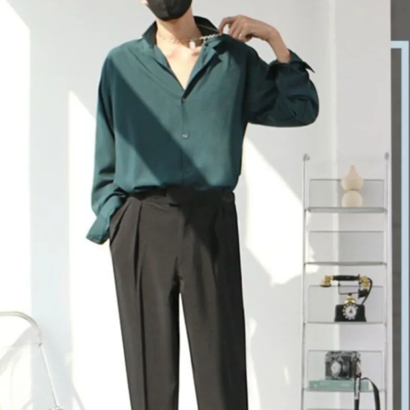 

Men's Luxury Cool Silk Long Sleeve Shirt Summer Slim Fit Drapey Edgy Style Casual Shirt Set