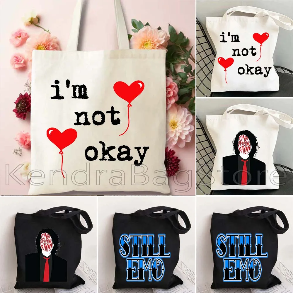 

I'm Not Okay Hearts EMO Women Aesthetic Shopper Bag Girl Reusable Large Capacity Handbags Tote Shoulder Lady Canvas Shopping Bag