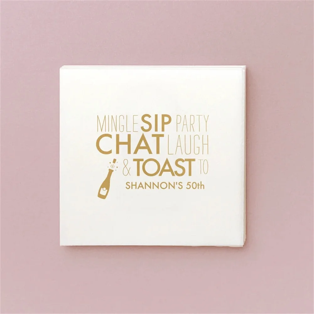 

50PCS Custom Champagne Cocktail Napkin - Mingle, Sip, Party - Personalized Foil Stamped Linen Like Party Napkins, Birthday, Reti