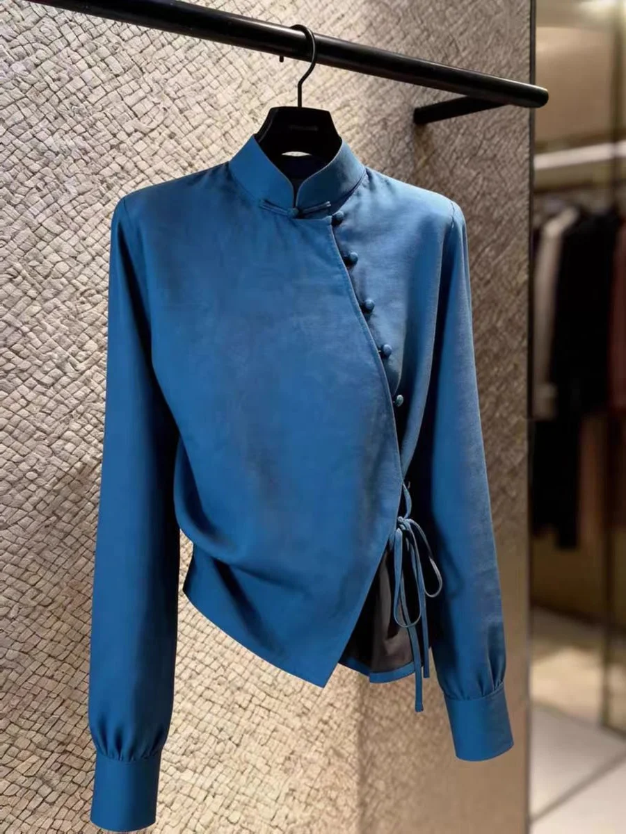 

Elegant Blue Chinese Style Women's Shirt Stand Collar Tie Waist Design Fashionable Comfortable Breathable Long Sleeve Busines...