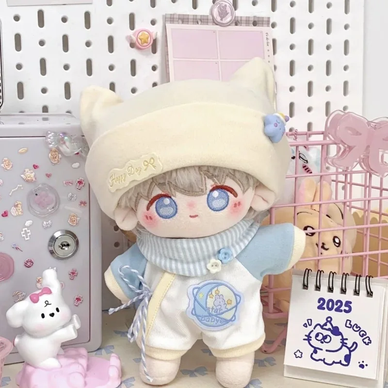 Para 20cm algodão boneca macacão conjunto com chapéu costela boneca roupas bonito conjunto de três peças de uma peça dollwear brinquedo de pelúcia mudando roupas