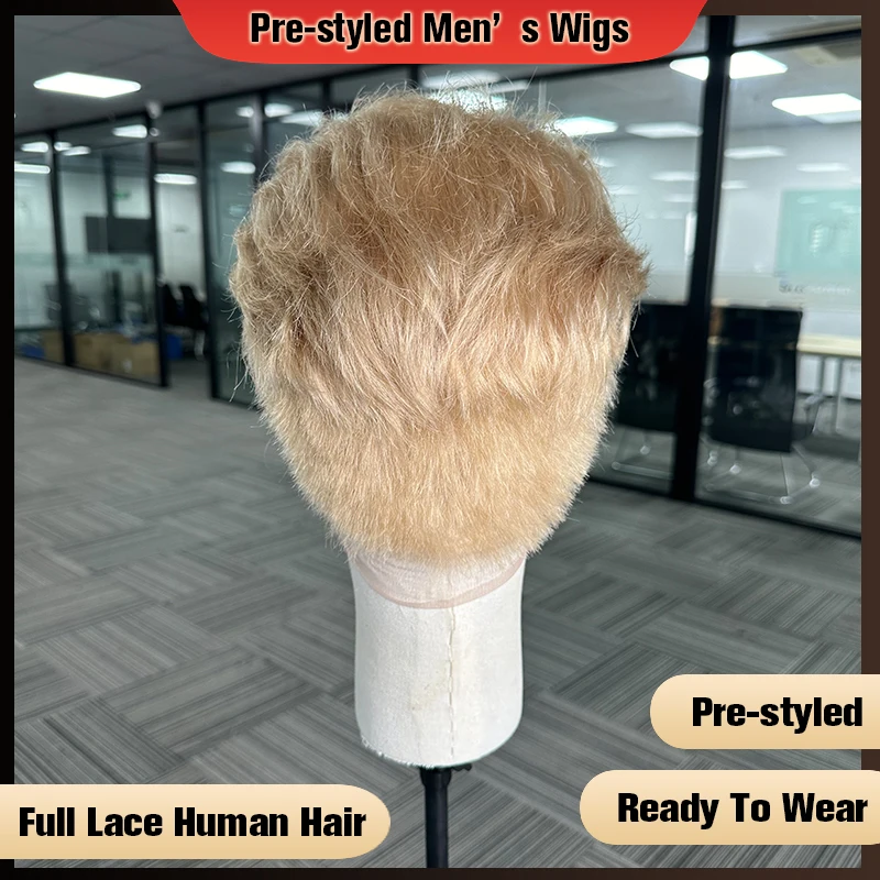 Ready To Wear Blonde Men's Wig Transparent Lace Full Lace Human Hair Wigs Curly Short Wigs For Men 613 Color 100% Human Hair Wig