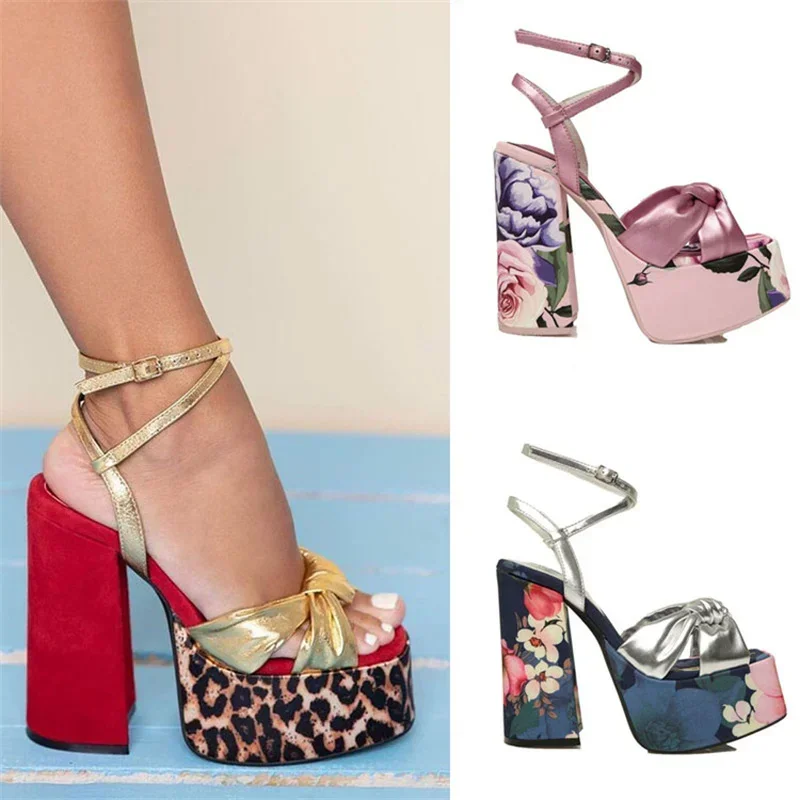 2023 New Print Lace-up Sexy Wedding Party Sandals Summer European American Nightclub Fashion High Heels Size 34-43 Women's Shoes