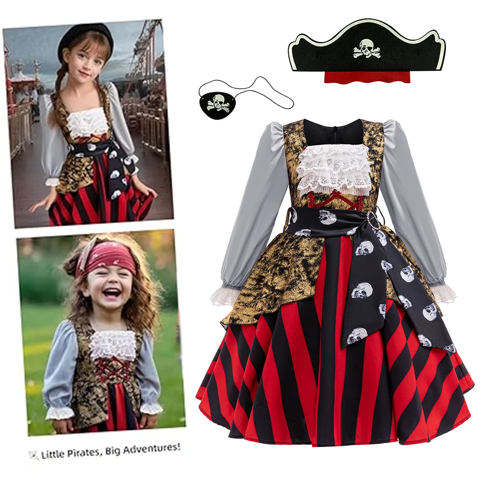 Girls Pirate Dress Children's Pirate Halloween Dress and Hat Cosplay Carnival Fancy Party Girls Masquerade Costume