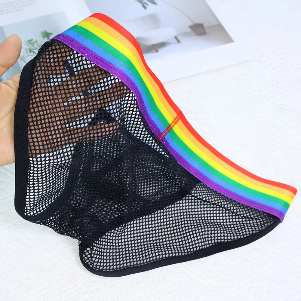 Men Colorful Striped Femboy Lingerie Mesh High Fork Brief See Through Underwear Breathable Hollow OutUnderpant Male Sexy Panties