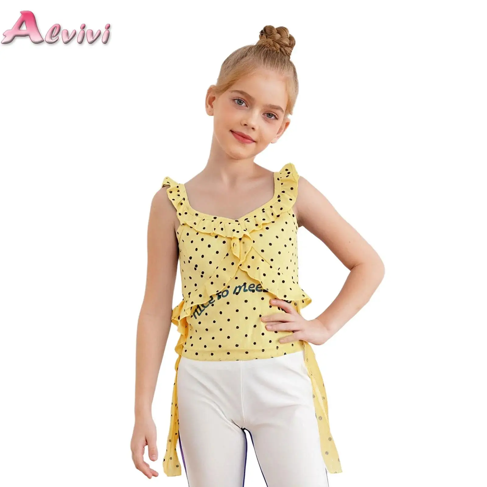 

Girls Vest 2025 New Summer Fashion Ruffles Dress Girls Yellow and White Polka Dot Camisoles Big Kids Sleeveless T-Shirt Top