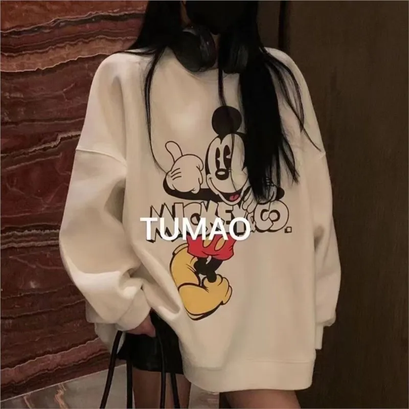 Pullover hoodie Women Spring And Autumn Thin Section New Heavy Industry Embroidery Striped Mickey cartoon Loose Pullover Tops