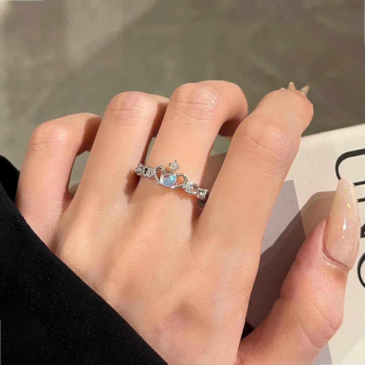 Moonstone Crown Stacked Ring for Women, Adjustable Opening, Niche Design, Advanced Style
