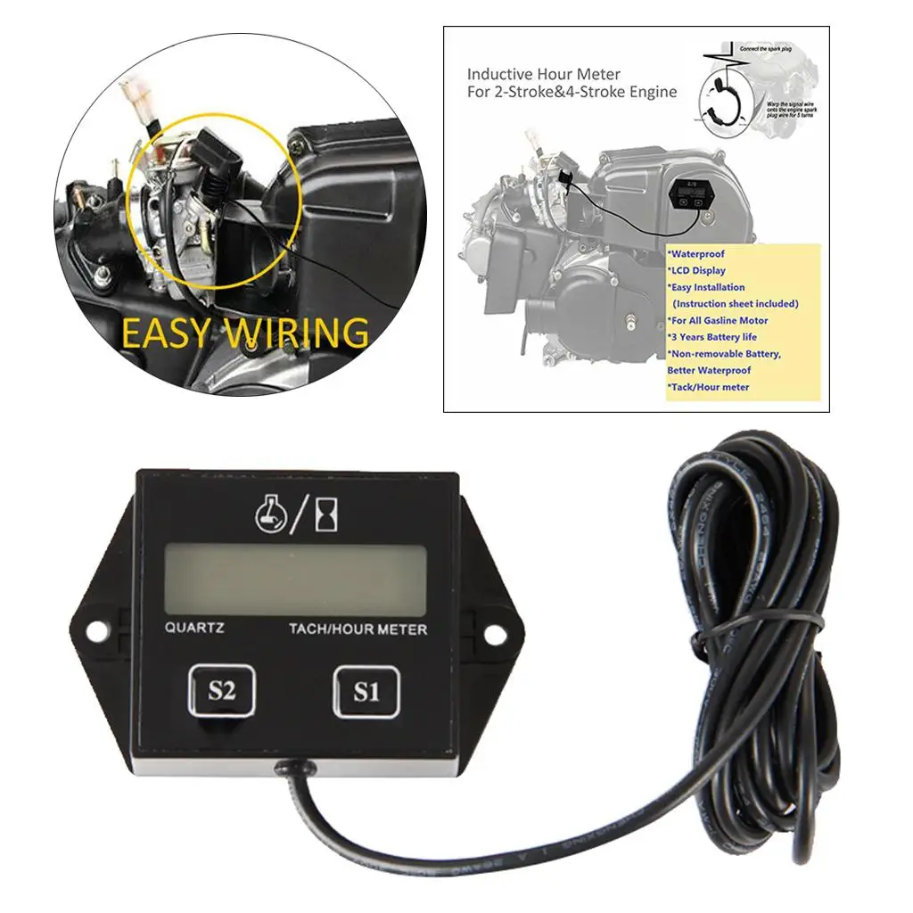 Digital Tach Hour Meter Tachometer Gauge Fits 2 Stroke & 4 Stroke Gas Engines