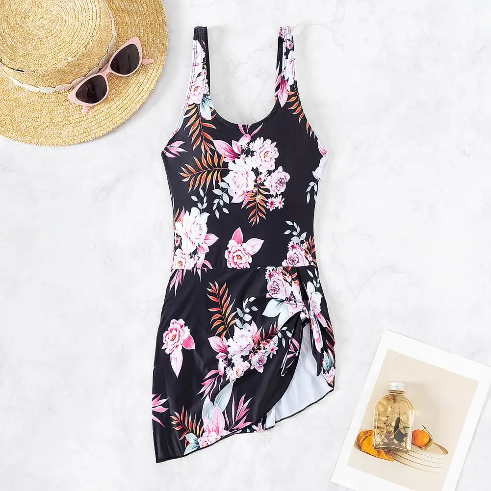 Suspender U-neck Swimsuit Floral Print Swimming Dress with Side Knot Backless One-piece Monokini for Women Stylish U-neck