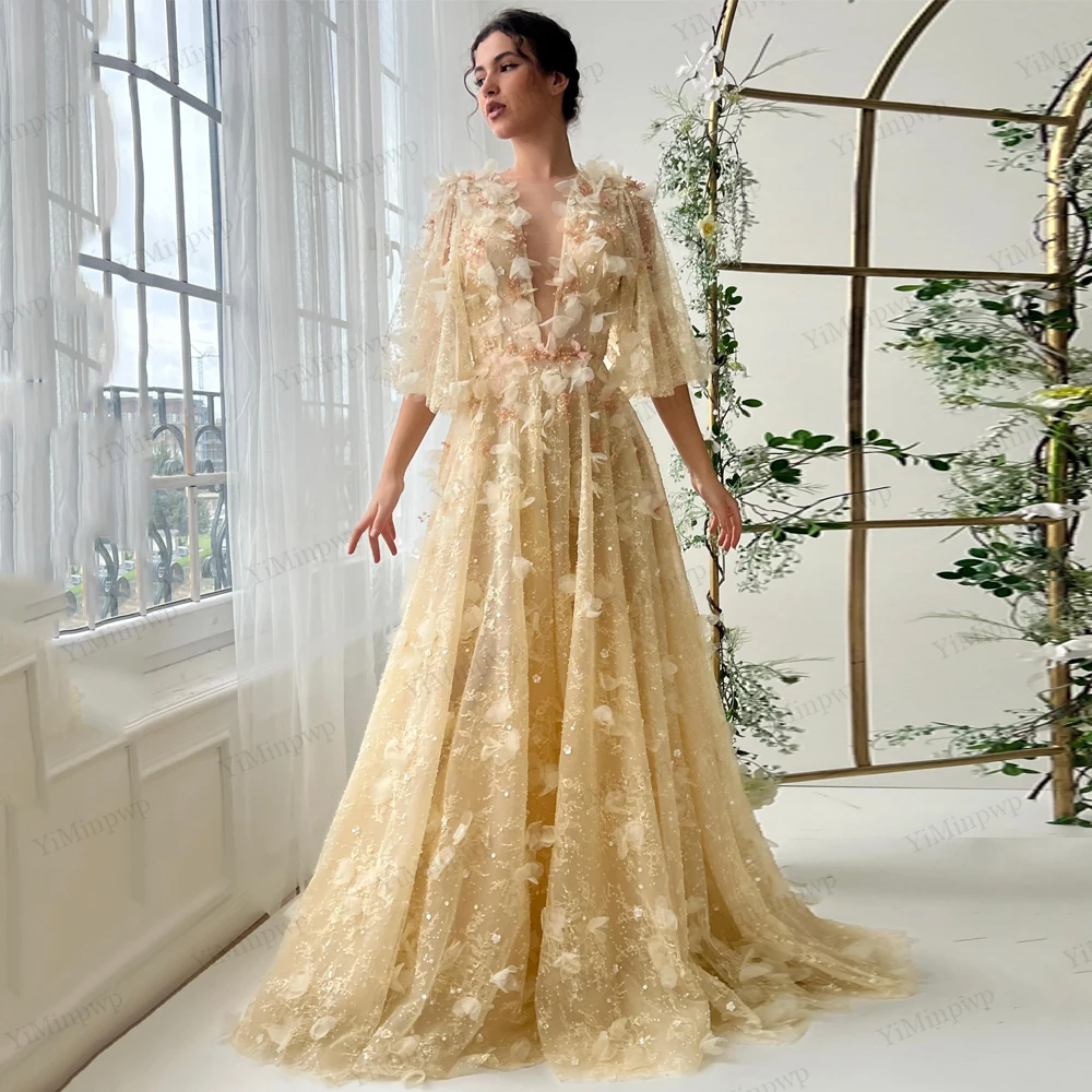 

Yellow Evening Dresses Woman For Wedding Party Puff Sleeve O-Neck Backless Flowers Applique Long Prom Gowns 2026 Customized