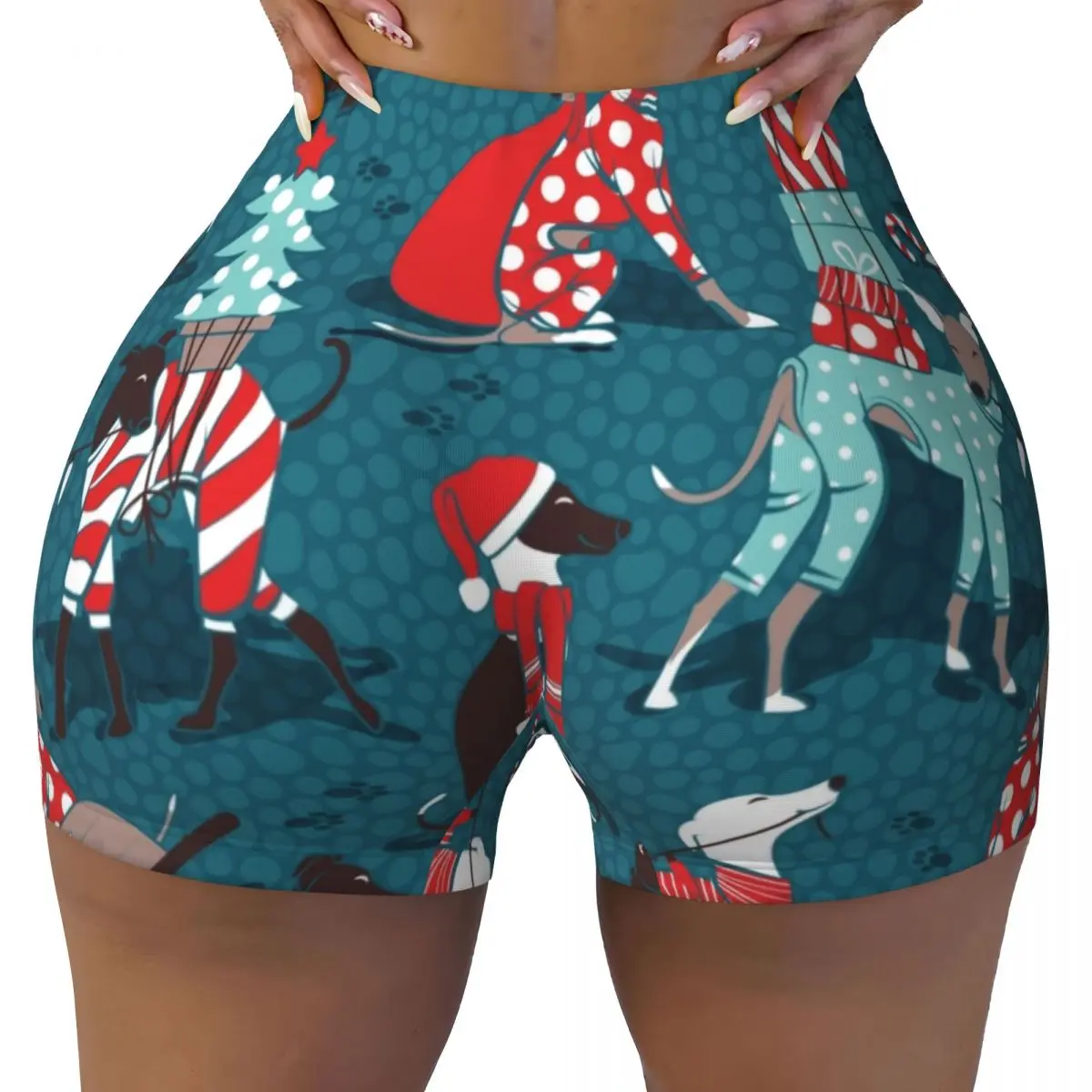 Custom Greyhounds Christmas Dogwalk Workout Shorts Women Whippet Sighthound Dog Gym Running Biker Yoga Shorts