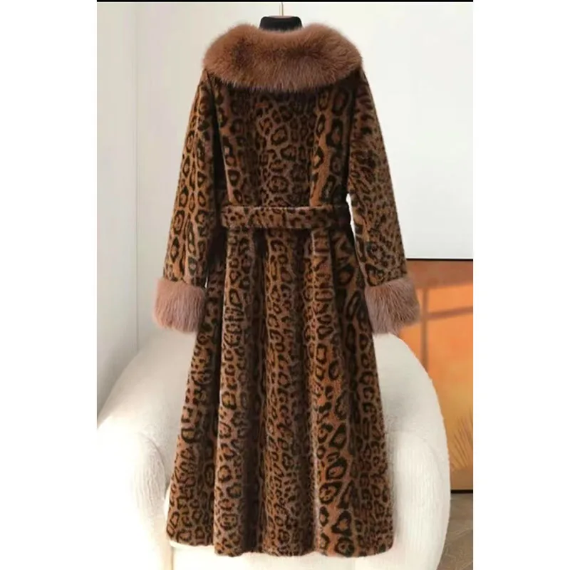 New Leopard Print Women's Overcoat Long One Jacket Temperament 2025 Winter Autumn Female Fashion Padded Coat Fur Collar Overwear