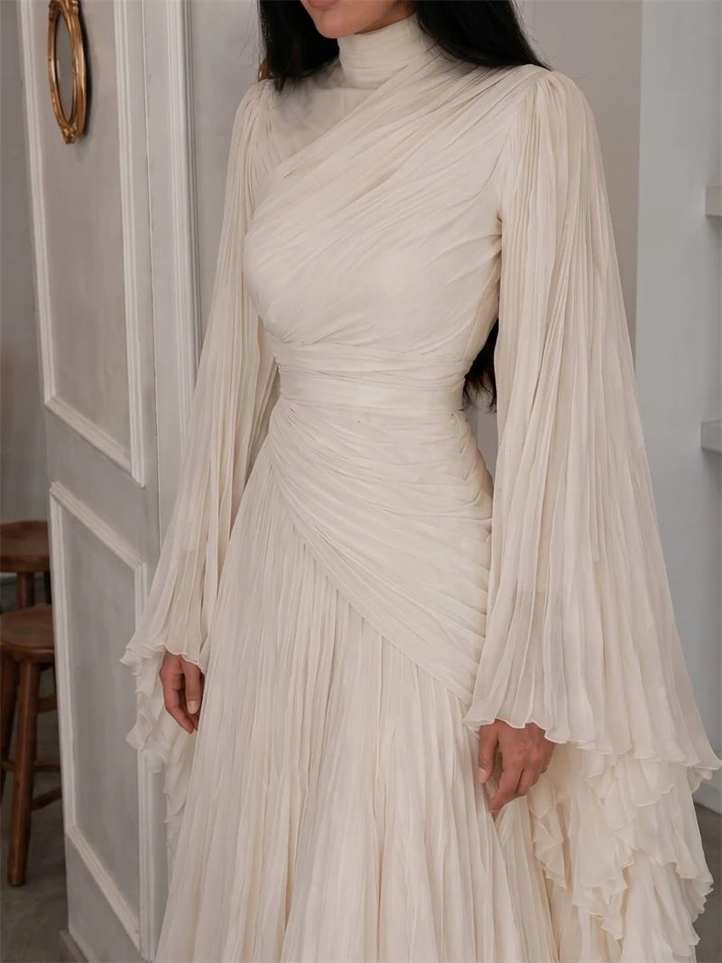 Xijun Modest Gelbe Chiffon-Abendkleider mit langen Ärmeln, Cape-Ärmeln, lange Ballkleider, A-Linie, plissierte Ballkleider, individuell gestaltet – Detail 9