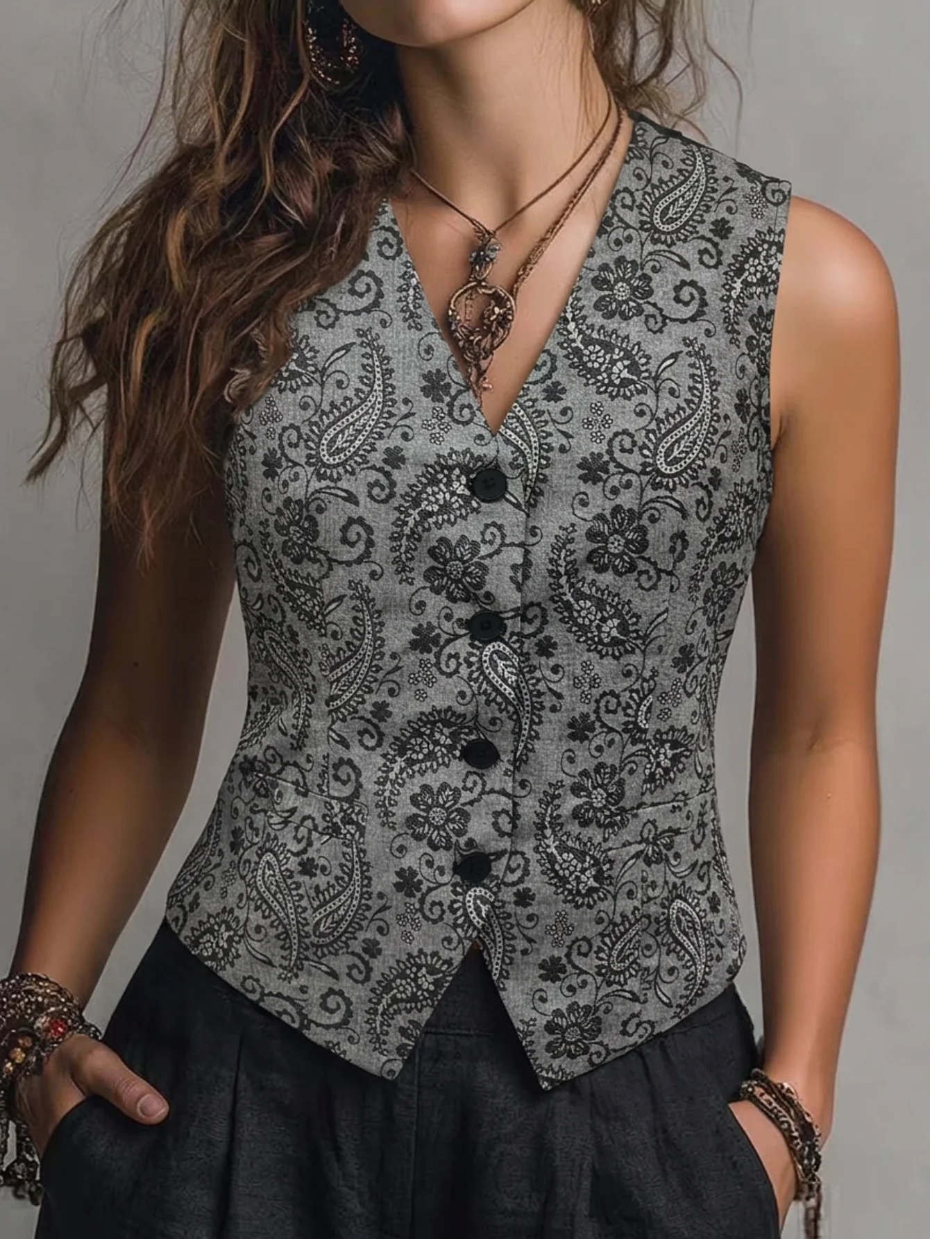Elegant Waistcoat New for Spring Summer Autumn, Chic Linen‑Embroidered Sleeveless Vest with Spliced Lace Back, Versatile Waist‑D