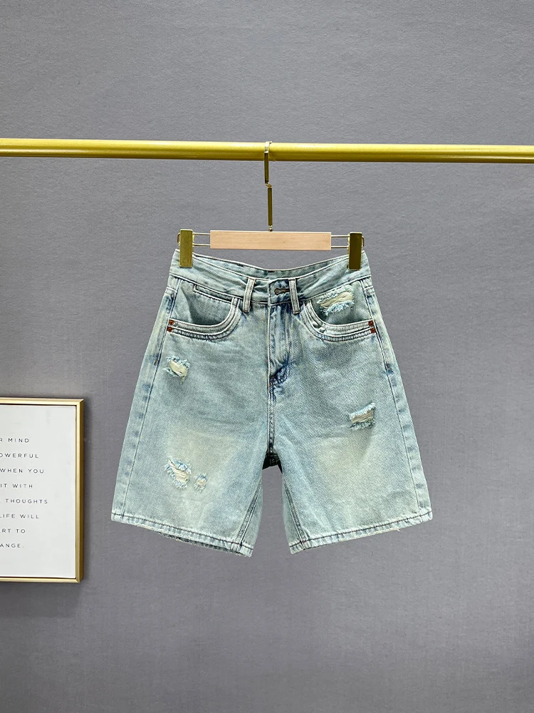 

Рваные джинсовые шорты-капри женские, летние, с высокой талией, свободные, утягивающие, универсальные, широкие брюки