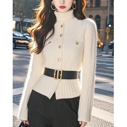 Female Advanced Feeling Solid Turtleneck Sweaters Vintage Chic Tops Autumn Winter Fashion Commute Elastic Slim Knitted Cardigan