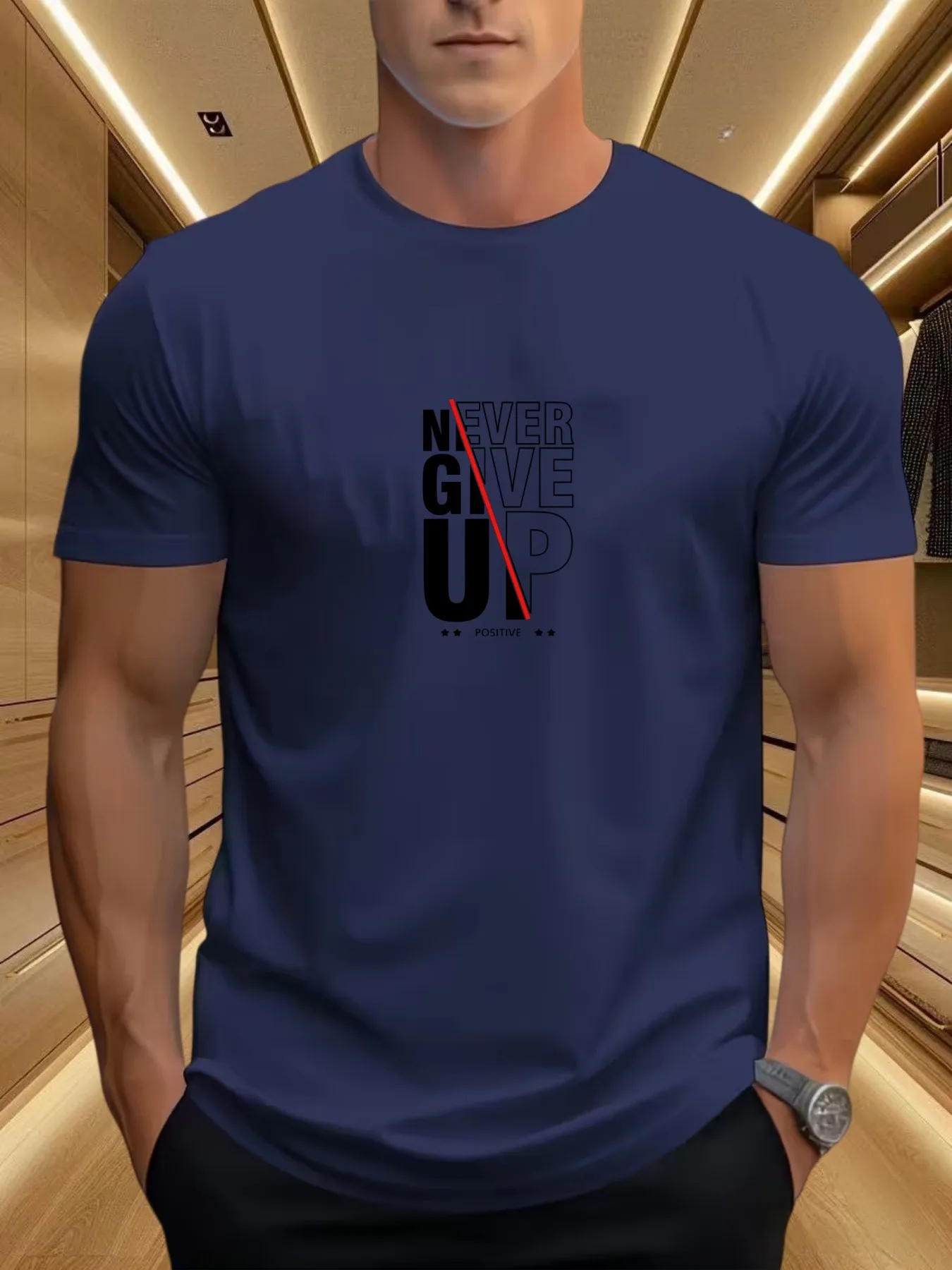 Herren 'Never Give Up' Motivations-T-Shirt Atmungsaktives Feuchtigkeitsableitendes Kurzarm-Shirt Inspirierendes Workout- & Freizeit-Oberteil