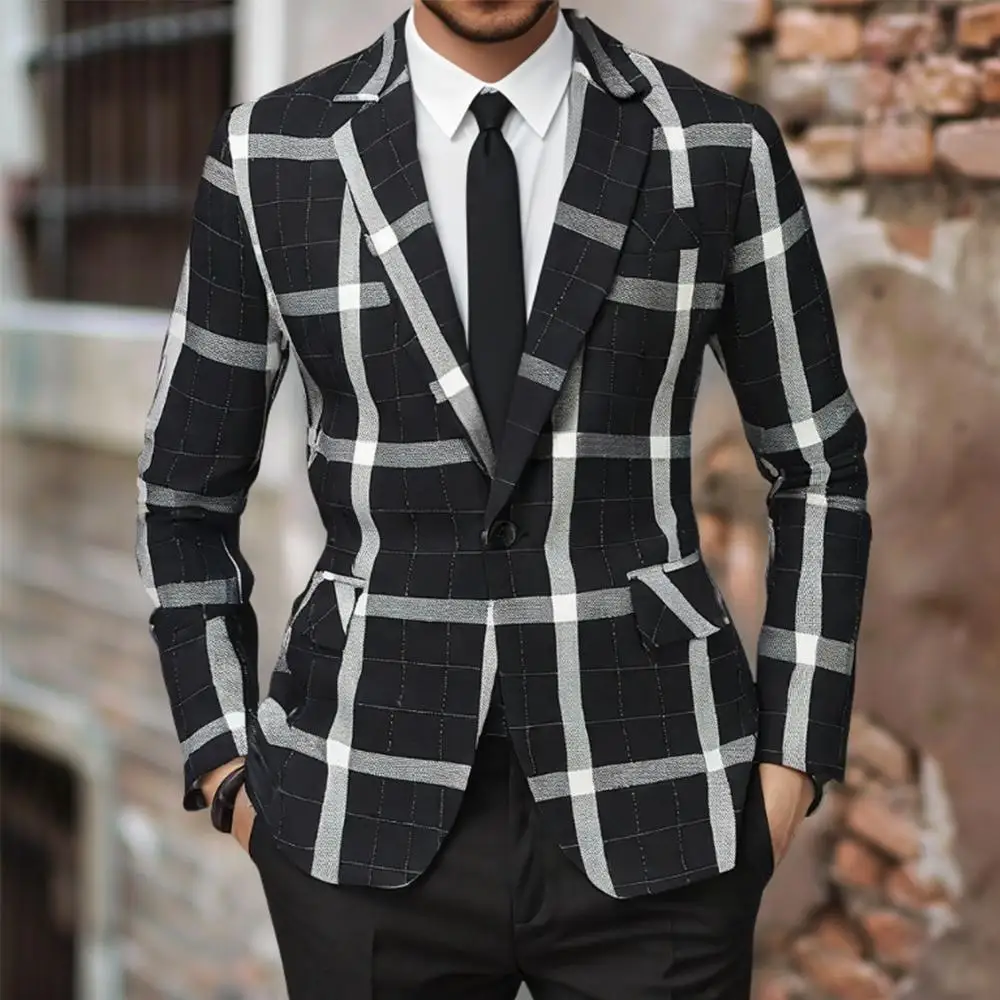 Vintage Plaid Man Blazer Jackets Luxury 2026 Ropa Elegante Hombre Casual Single Button Wedding Suits for Men Dress Coat Workwear