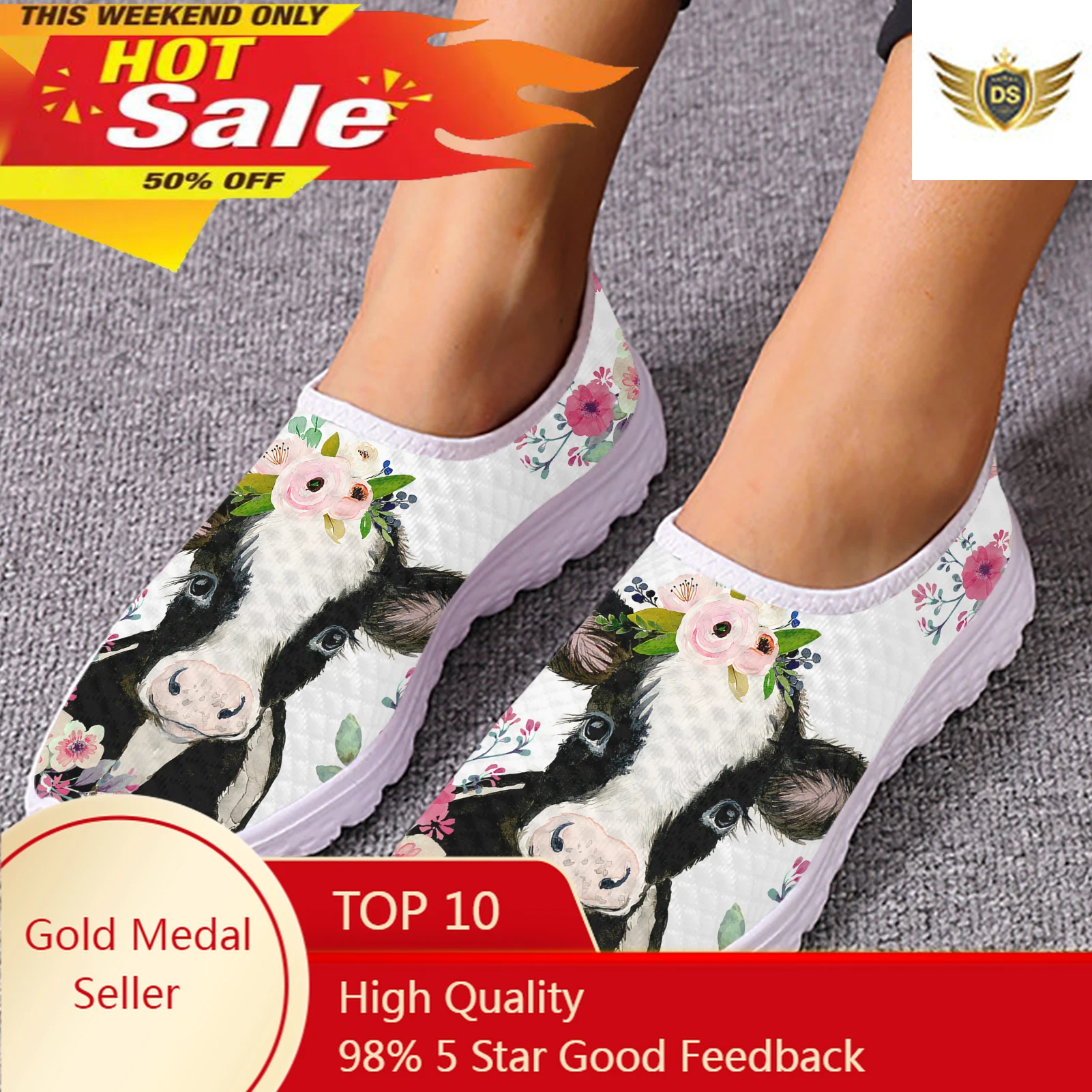 

Cartoon Milk Cow Hibiscus Print Lightweight Flat Walking Shoes Ladies Animal Print Summer Breathable Mesh Shoes