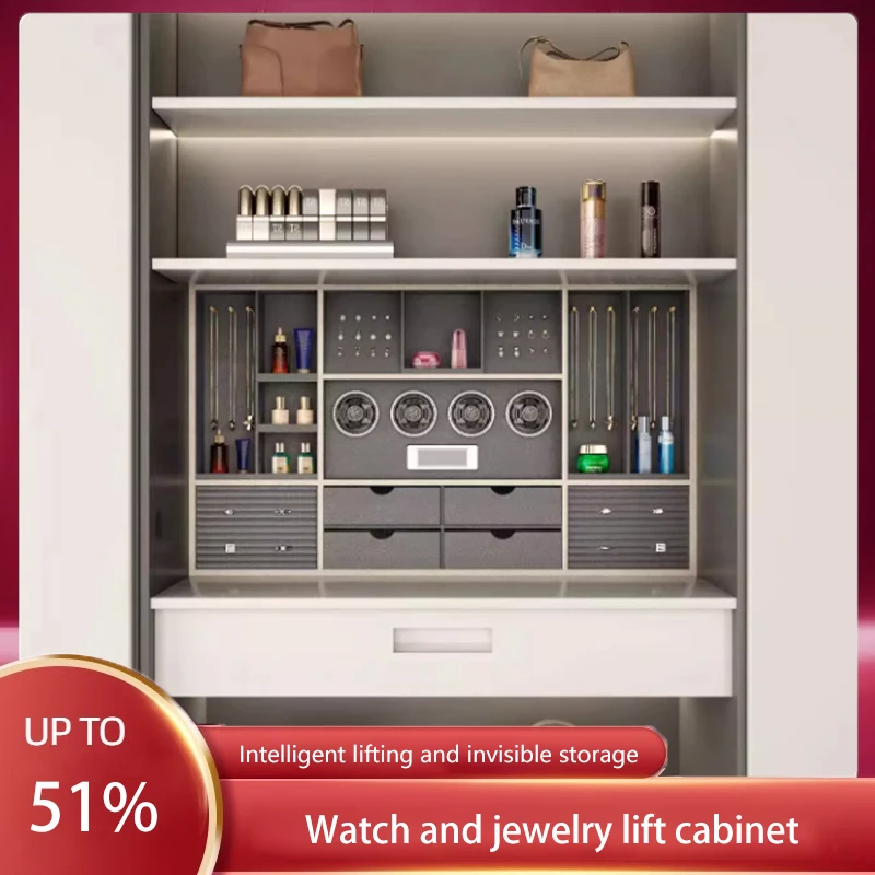 

Hidden Lift Vanity Mirror With Smart Voice Control Jewelry Storage Cabinet Leather Organizer Watch Winders Dressing Table