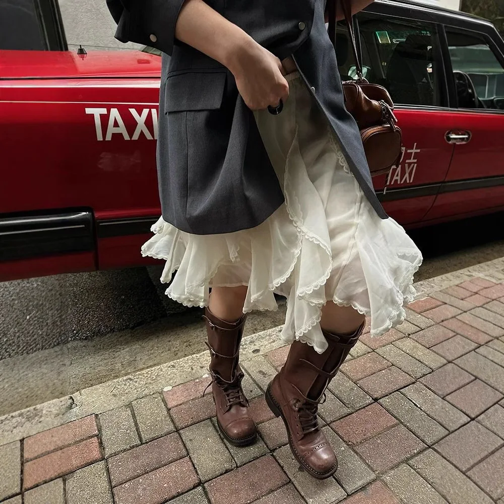 تنورة Ele American Lace المرقعة بخصر عالٍ للنساء، تنورة شيفون حلوة ذات حدود حلوة، تنورة كعكة كاجوال بلون نقي